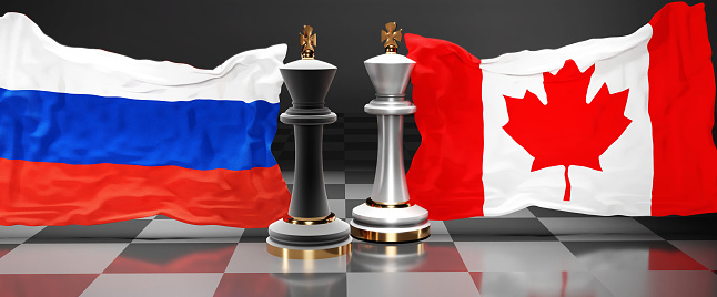 Russia Canada summit, fight or a stand off between those two countries that aims at solving political issues, symbolized by a chess game with national flags, 3d illustration.