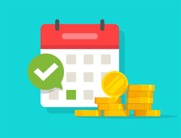 Success salary payment automatic or recurring pay schedule agenda done on calendar and checkmark, tax or credit bill time, loan date or budget income day vector flat cartoon illustration, money plan Success salary payment automatic or recurring pay schedule agenda done on calendar and checkmark, tax or credit bill time, loan date or budget income day vector flat cartoon image, money plan flat calendar icon stock illustrations