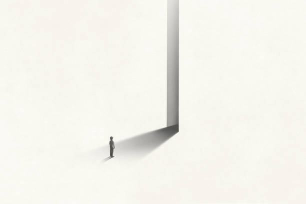 istock Illustration of man entering in a surreal black light dark door, surreal abstract concept optical illusion 1345963810