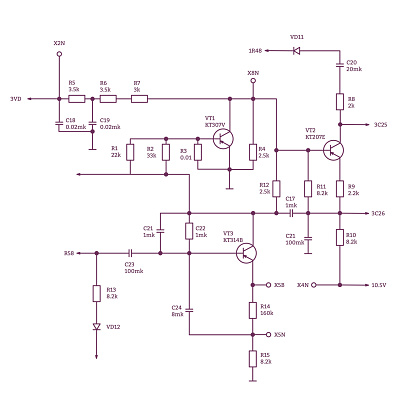 Electric scheme - wiring diagram with radio parts and connection. Text notation and realistic parts.
