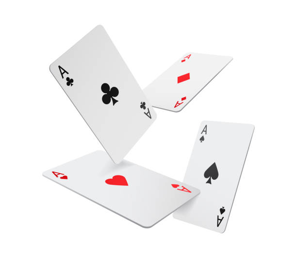 fliegende asse spielkarten isolierten vier pokerspielobjekte, realistische 3d-glücksspielsymbole gesetzt. vector clubs und räume, herzen und diamanten casino pokerkarte, schwarze und rote anzüge - kartenspiel stock-grafiken, -clipart, -cartoons und -symbole