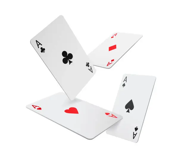 Vector illustration of Flying aces playing cards isolated four poker game objects, realistic 3D gambling games symbols set. Vector clubs and spaces, hearts and diamonds casino poker card, black and red suits