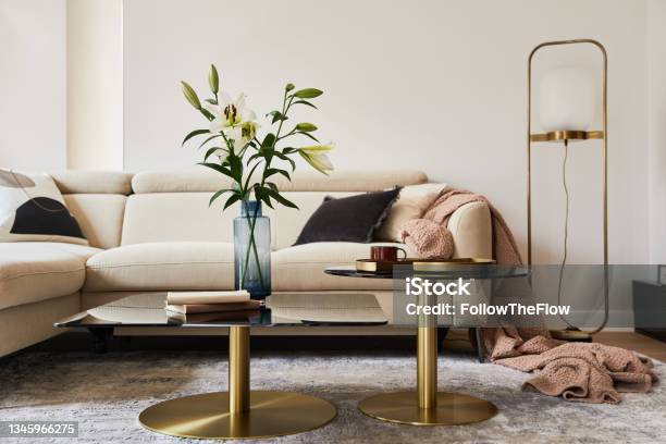 Stylish Living Room Interior Composition With Beige Sofa Glass Coffee Table Carpet On The Floor And Glamorous Accessories Template Stock Photo - Download Image Now