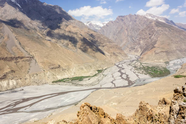 Aerial view of the Himalayan landscape around the wide bed of the Spiti river Aerial view of the Himalayan landscape around the wide bed of the Spiti river from the village of Dhankar in Himachal Pradesh, India. dry riverbed stock pictures, royalty-free photos & images