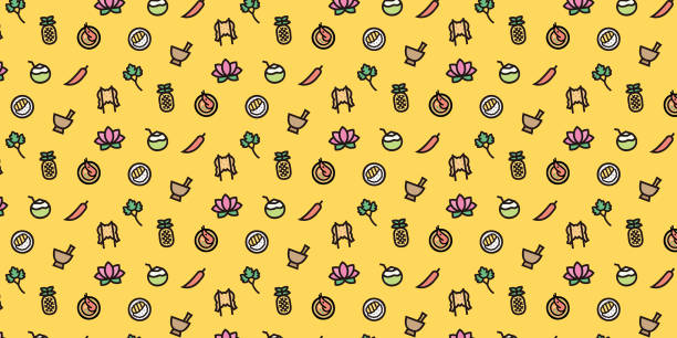 ilustraciones, imágenes clip art, dibujos animados e iconos de stock de tailandia icono de comida patrón de fondo para sitio web o papel de envolver (versión de fondo amarillo) - salad fruit backgrounds sharp