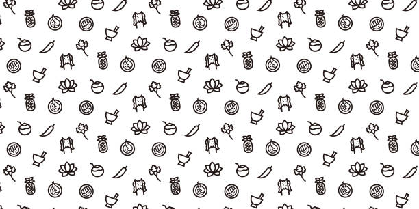 ilustraciones, imágenes clip art, dibujos animados e iconos de stock de fondo de patrón de icono de comida de tailandia para sitio web o papel de regalo (versión monótona) - salad fruit backgrounds sharp