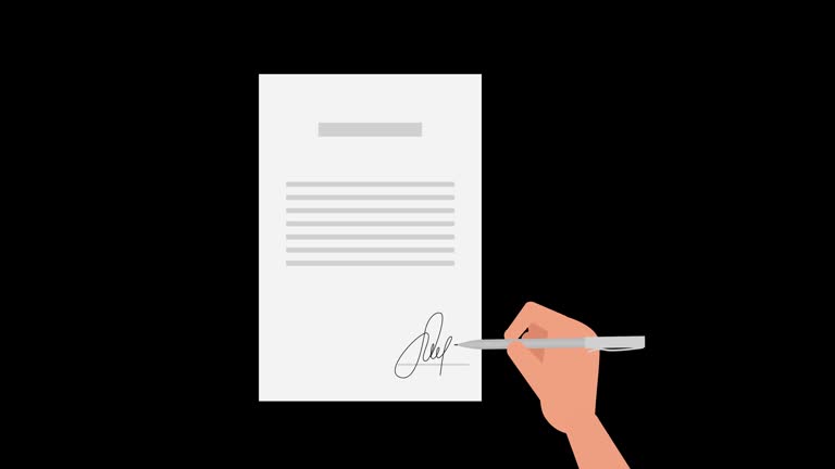 Businessman hand signs document or contract animation, legal agreement with signature and stamp on top, 2d flat cartoon design with alpha channel and luma matte. paper signing, making deal