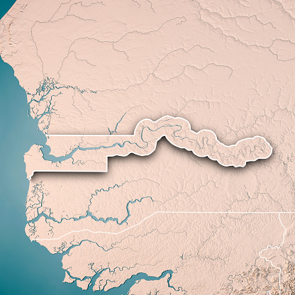 3D Render of a Topographic Map of The Gambia. Version with Country Boundaries.\nAll source data is in the public domain.\nColor texture: Made with Natural Earth. \nhttp://www.naturalearthdata.com/downloads/10m-raster-data/10m-cross-blend-hypso/\nRelief texture: NASADEM data courtesy of NASA JPL (2020). URL of source image: \nhttps://doi.org/10.5067/MEaSUREs/NASADEM/NASADEM_HGT.001\nWater texture: SRTM Water Body SWDB:\nhttps://dds.cr.usgs.gov/srtm/version2_1/SWBD/\nBoundaries Level 0: Humanitarian Information Unit HIU, U.S. Department of State (database: LSIB)\nhttp://geonode.state.gov/layers/geonode%3ALSIB7a_Gen