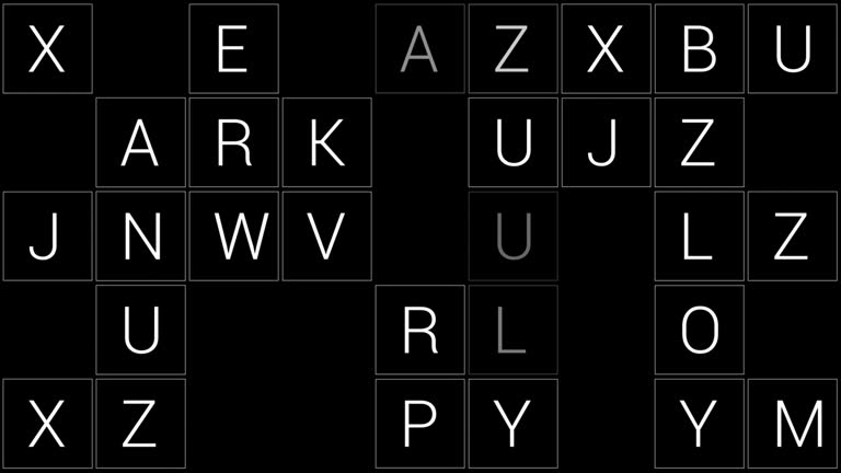 PNG Alpha.Looping letters, words ABC code password hacking effect.Crossword puzzle