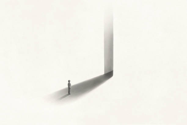 istock Illustration of man entering in a surreal black light dark door, surreal abstract concept optical illusion 1345970313