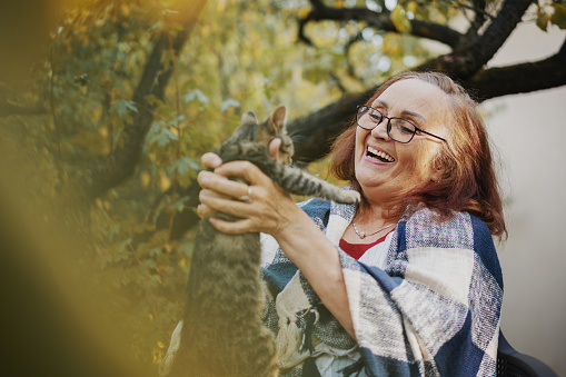 Beautiful happy smiling senior woman in eyeglasses  holding little kitten in her garden outdoor