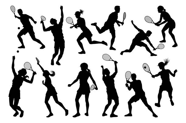 ilustraciones, imágenes clip art, dibujos animados e iconos de stock de silhouette tenis players sports people set - tennis serving female playing