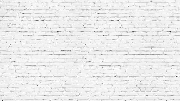 Old rough white painted brick wall large texture. Whitewashed brickwork masonry backdrop. Light grunge abstract background