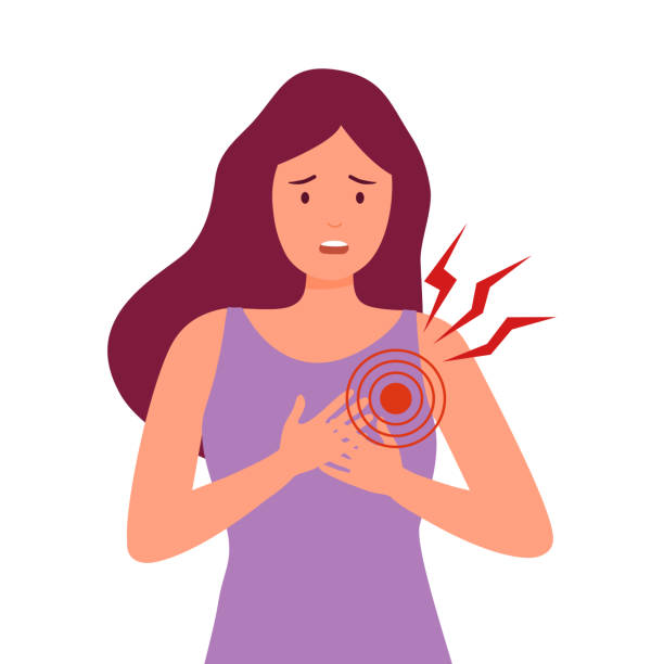 Young woman having heart disease symptom in flat design on white background. Heart attack concept vector illustration. vector art illustration