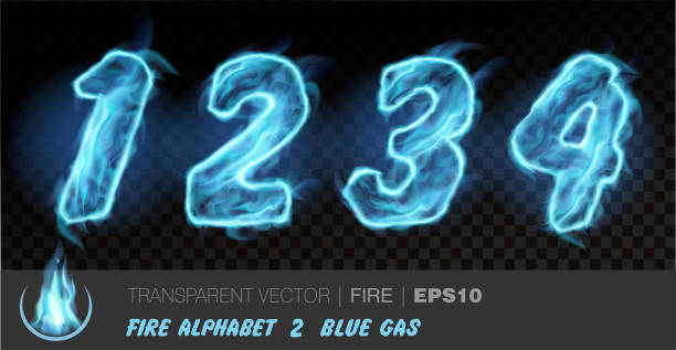 istock Alphabet of blue gas fire. Transparent realistic vector on dark background. Fiery font with light effect for your text. Letters 1234 1345974143