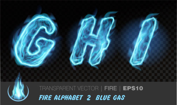istock Alphabet of blue gas fire. Transparent realistic vector on dark background. Fiery font with light effect for your text. Letters GHI 1345974989