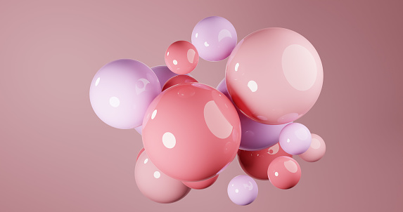 Abstract composition with 3d spheres cluster. Pink glossy realistic bubbles. Futuristic background of balls.