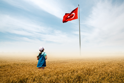 Adorable baby girl is in a field with fog and looking to Turkish national flag admiringly. High quality photo