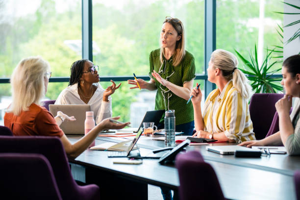 Whats Your Thoughts A wide-angle view of a board room meeting which is all women. They are discussing ideas and working on things together to come up with business opportunities. responsible business stock pictures, royalty-free photos & images