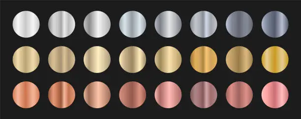 Vector illustration of Set of metallic gradients. Gold, silver and bronze gradients. Collection of shiny gradient colors. Different metal gradients. Vector