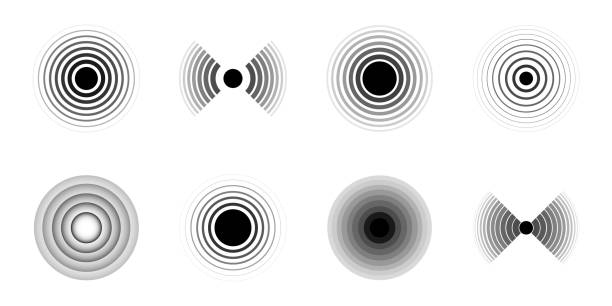 ilustrações de stock, clip art, desenhos animados e ícones de sonar sound waves. set of radar black icons. signal rings. pain circles. vector illustration. - blurred motion audio