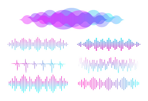 Sound waves set. Multicolored audio equalizer. Audio digital signal. Voice sound wave. Motion sound wave. Music elements for design audio player.