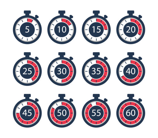 ilustrações de stock, clip art, desenhos animados e ícones de set of simple timers. stopwatch icons set, digital timer, clock. countdown 5,10,15,20,25,30,35,40,45,50,55,60 minutes. vector illustration. - number 10 number sign speed limit sign