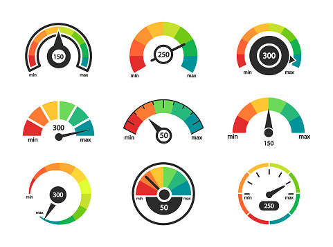 Speedometer icon set. Business credit score indicators. Customer satisfaction scores. Credit rating levels from poor to good. Colored scale from minimum to maximum. Vector illustration.