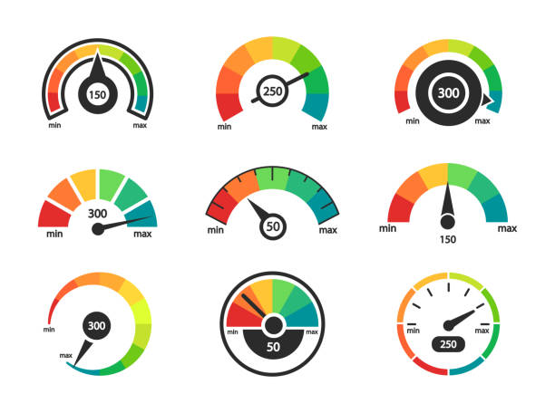 Speedometer icon set. Business credit score indicators. Customer satisfaction scores. Credit rating levels from poor to good. Colored scale from minimum to maximum. Vector illustration. Speedometer icon set. Business credit score indicators. Customer satisfaction scores. Credit rating levels from poor to good. Colored scale from minimum to maximum. Vector illustration. barometer stock illustrations