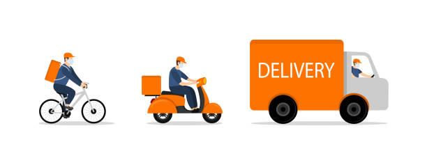 istock Online delivery service concept. Online delivery contactless service to home and office. Ðnline order tracking. Ð¢ruck, scooter and bicycle courier, delivery man in respiratory mask. Stay home concept. 1345986567