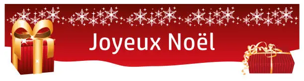 Vector illustration of Merry Christmas in french language. White and red banner with gifts and snowflakes. Vector illustration.