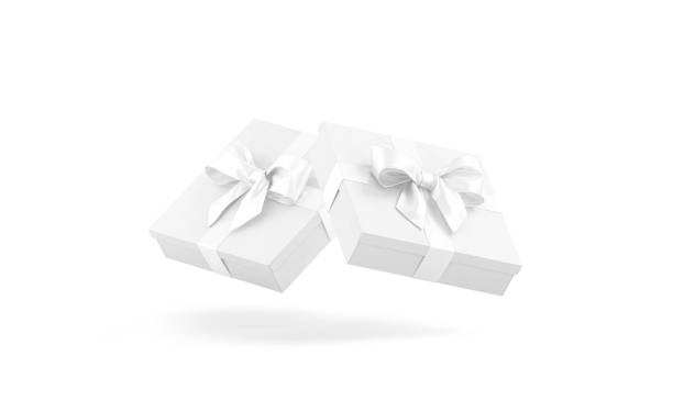 istock Blank white low gift box with ribbon bow mockup, no gravity 1345987955