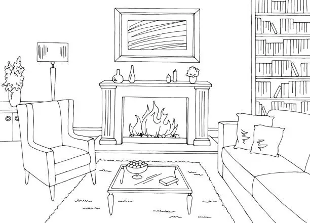 Vector illustration of Living room graphic black white interior sketch illustration vector