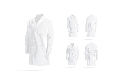 Blank white medical lab coat mockup, different views, 3d rendering. Empty scientist or therapist fabric overcoat mock up, isolated. Clear medic costume with pocket for hakeem or student template.