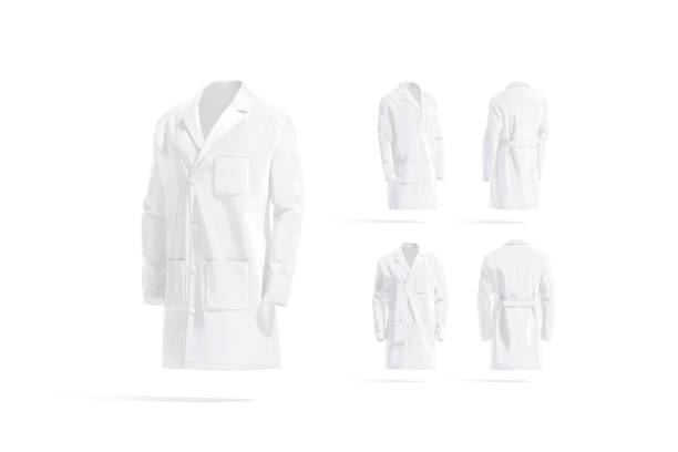 Blank white medical lab coat mockup, different views Blank white medical lab coat mockup, different views, 3d rendering. Empty scientist or therapist fabric overcoat mock up, isolated. Clear medic costume with pocket for hakeem or student template. laboratory coat stock pictures, royalty-free photos & images