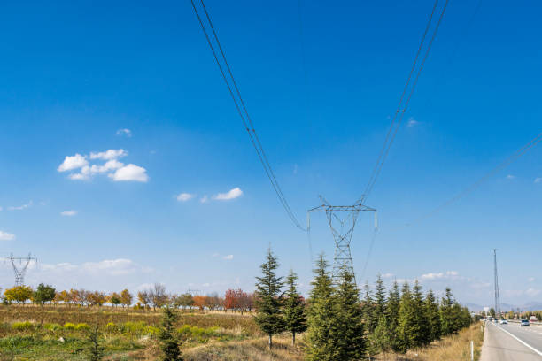 istock High voltage towers with thick hanging power cables in a rural landscape 1345991030