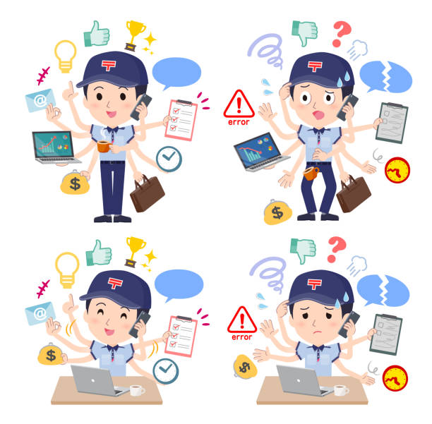 ilustrações de stock, clip art, desenhos animados e ícones de a set of postman who perform multitasking in the office - relationship difficulties flash