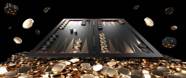 現代の黒の赤と黄金のバックギャモンボードとコイン - 3dイラストレーション - backgammon ストックフォトと画像