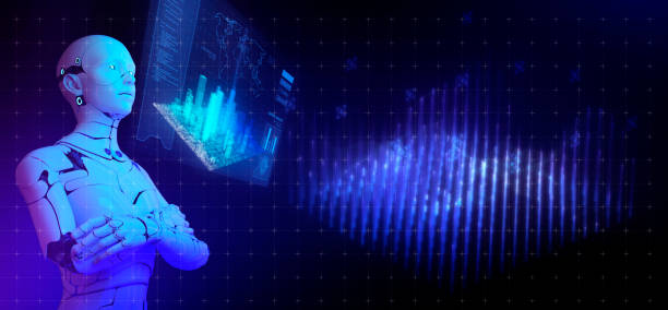 istock Artificial intelligence 3D robot in futuristic cyber space metaverse background, digital world smart city technology 1345991631