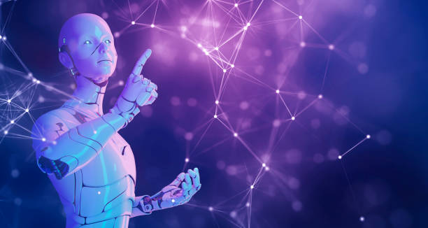 미래지향적인 사이버 공간 메타버스 배경, 디지털 세계 기술을 가리키는 인공 지능 3d 로봇 손 손가락 - 인공지능 이미지 뉴스 사진 이미지