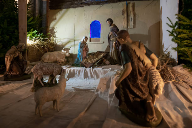istock Christmas nativity scene without baby Jesus Creche 1345991690