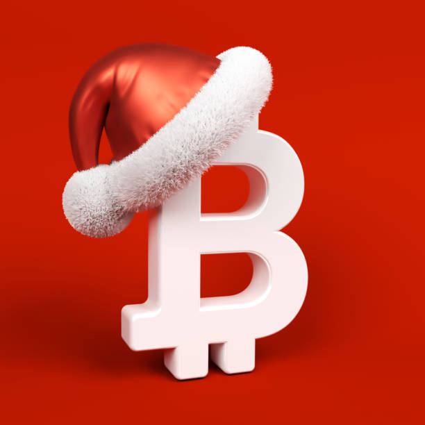 White-colored Bitcoin symbol and Santa Claus hat.