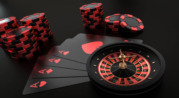 istock Modern Black And Red Roulette Wheel, Chips And Playing Cards - 3D Illustration 1345992493
