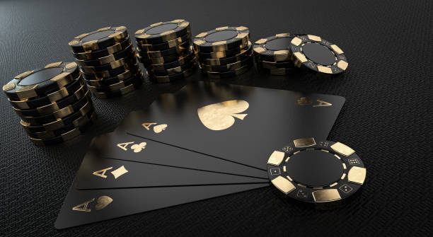 istock Modern Black And Golden Chips And Playing Cards - 3D Illustration 1345992494
