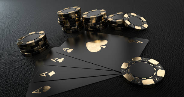 istock Modern Black And Golden Chips And Playing Cards - 3D Illustration 1345992496