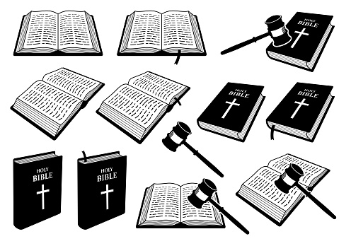 Vector illustrations depict a set of Holy Bible books that open, close, showing cover, and with a judge hammer or gavel.