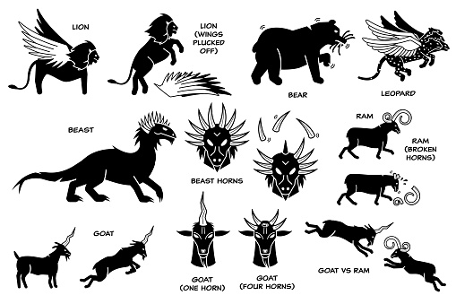 Vector illustration depicts Daniel dream vision of lion with eagle wings, bear, winged leopard, ten horns beast, ram and goat.