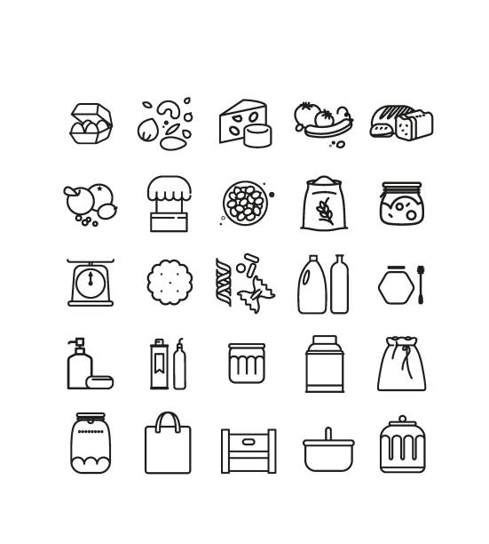 Pictos and symbols for groceries. Collection of symbols, for bulk groceries, organic foods, reusable jars, food, dry products, mockup, graphic charter, icons, symbols, foods, reusable containers mason jar stock illustrations