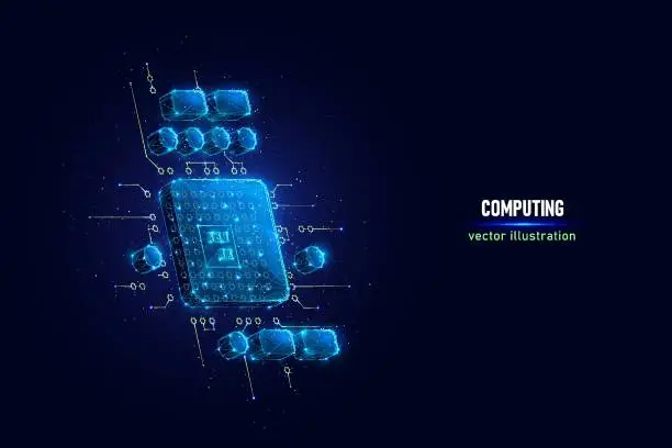 Vector illustration of PC CPU digital wireframe made of connected dots. Symbol of personal computer central processing unit low poly vector illustration on blue background.