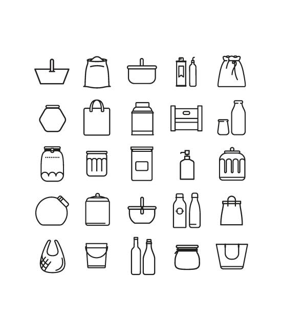 collection of black and white symbols at line, vector.  Bulk grocery container. Set of pictos of bags, baskets, totes, jar, jar, box, cardboard, can, candy box, cookie box, bottle mason jar stock illustrations